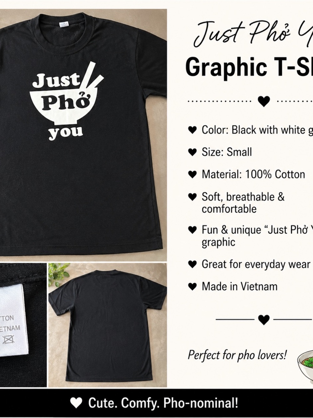 Just Phở You Kids Black Graphic T‑Shirt